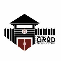 Logo Fundacji Raciborski Gród Średniowieczny: stylizowana czarna brama grodu z palisadą, bordowymi drzwiami i napisem „Fundacja Raciborski Gród Średniowieczny”