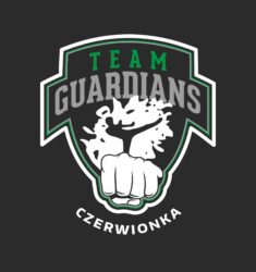 Logo Team Guardians Czerwionka: herb na ciemnym tle z napisem „Team Guardians Czerwionka”, białą głową smoka i zaciśniętą pięścią.