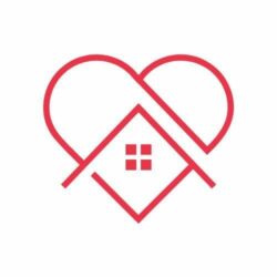 Czerwone minimalistyczne logo przedstawiające kontur serca połączony z dachem domu i małym oknem.