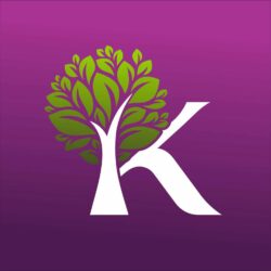 Logo z białą literą „K”, której część tworzy pień drzewa z zielonymi liśćmi, na fioletowym tle