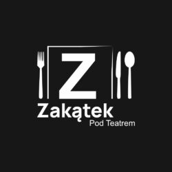 Logo Zakątek Pod Teatrem: biała litera „Z” w ramce, obok symbole sztućców, na czarnym tle, z napisem „Zakątek Pod Teatrem”.